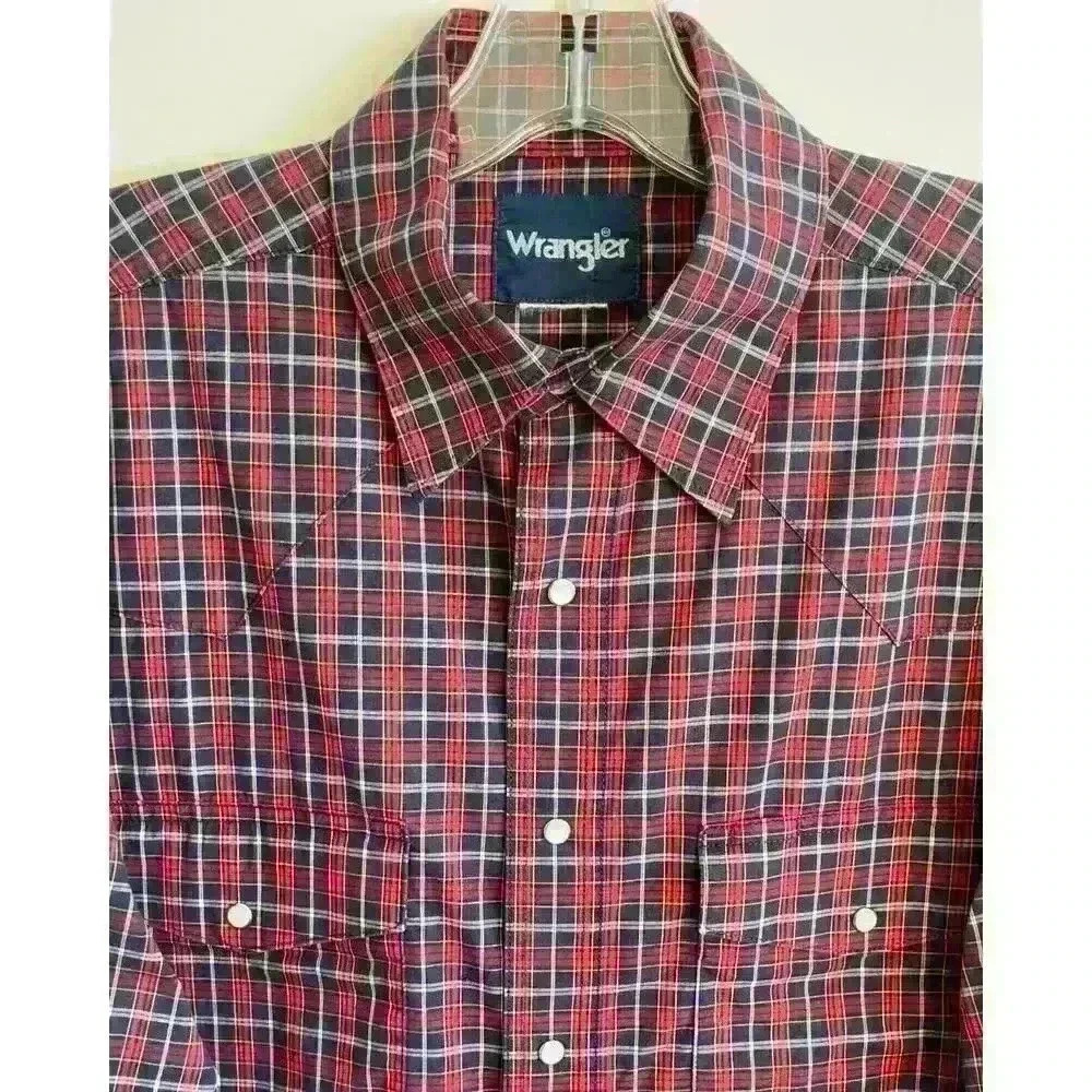 Wrangler Mens Sz M Plaid Snap Shirt Navy Cotton Country Western Ranch Farm